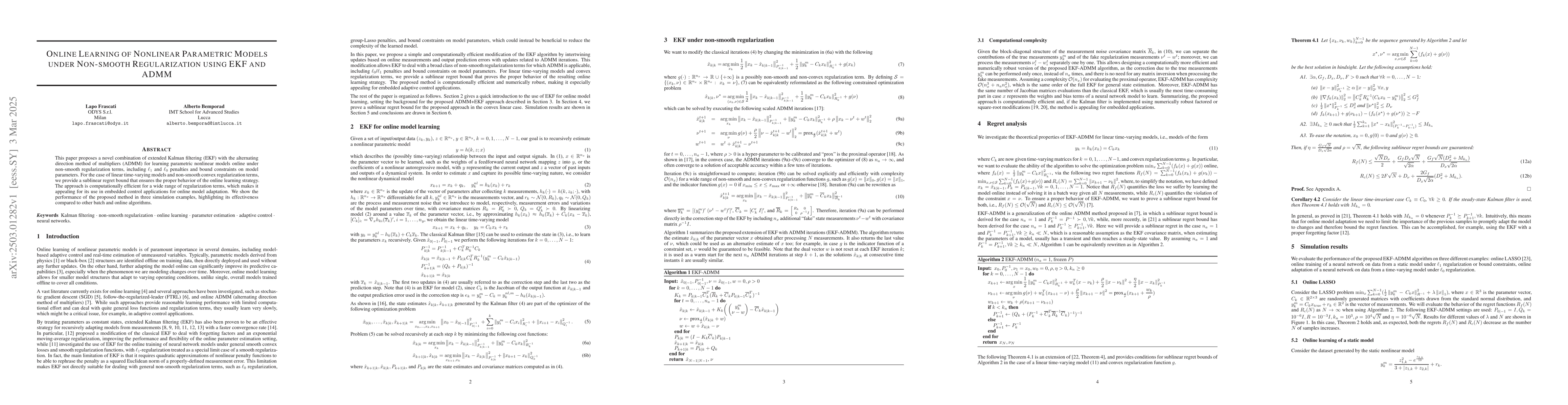 Thumbnail for Online Learning of Nonlinear Parametric Models under Non-smooth
  Regularization using EKF and ADMM