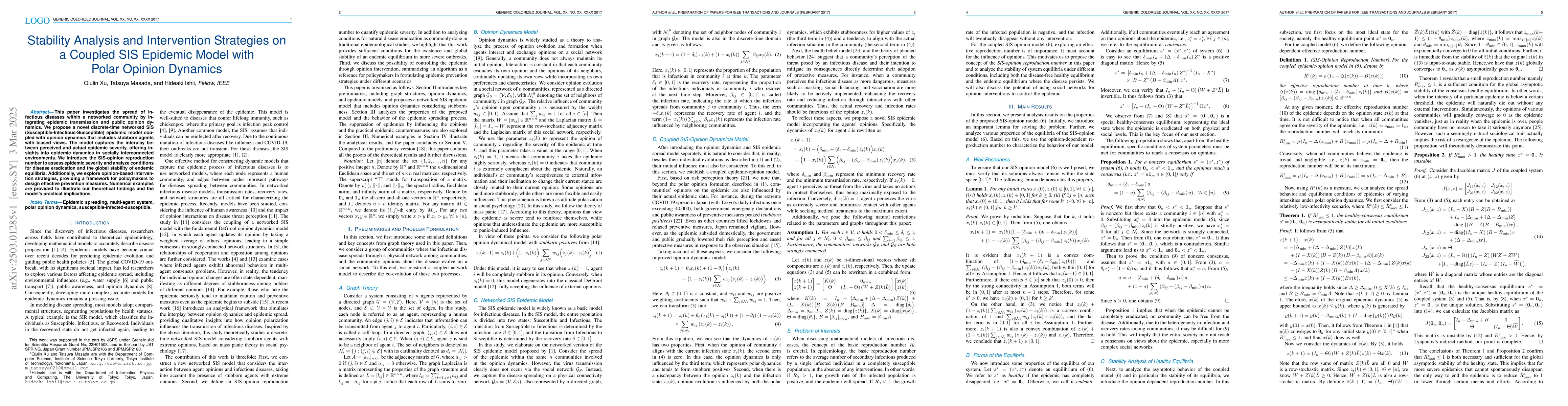 Thumbnail for Stability Analysis and Intervention Strategies on a Coupled SIS Epidemic
  Model with Polar Opinion Dynamics