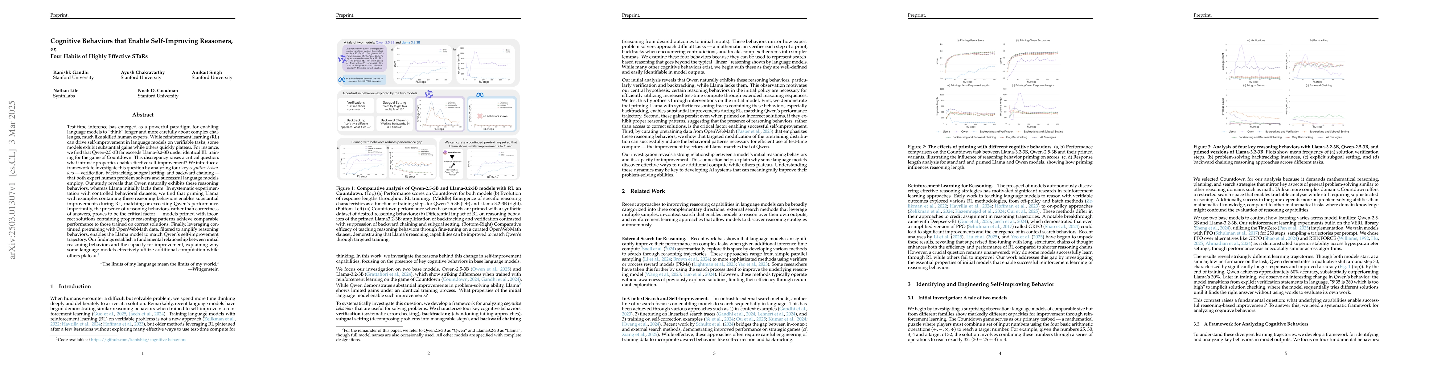 Thumbnail for Cognitive Behaviors that Enable Self-Improving Reasoners, or, Four
  Habits of Highly Effective STaRs