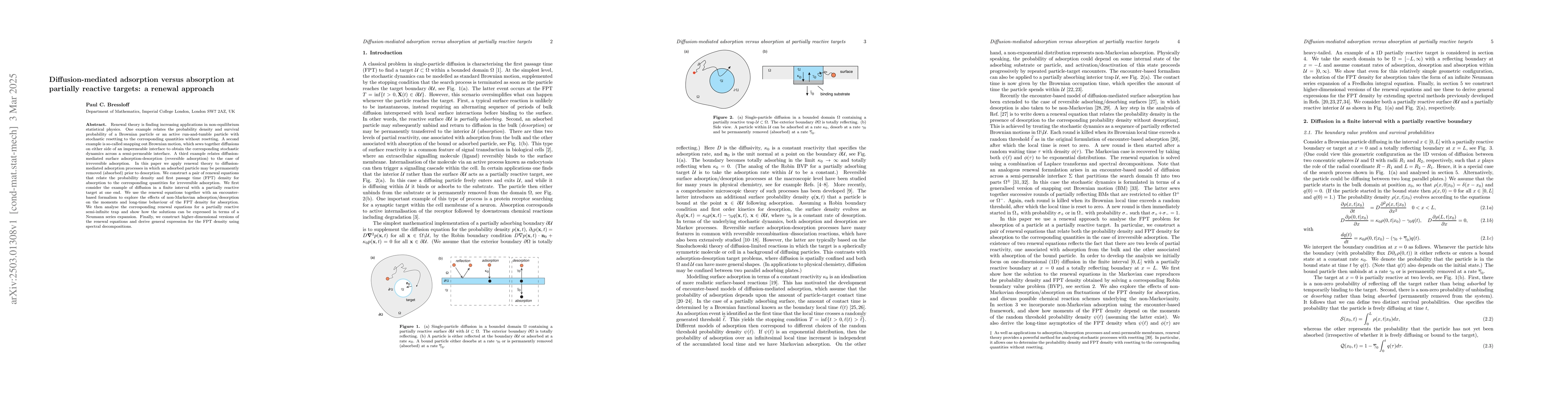 Thumbnail for Diffusion-mediated adsorption versus absorption at partially reactive
  targets: a renewal approach