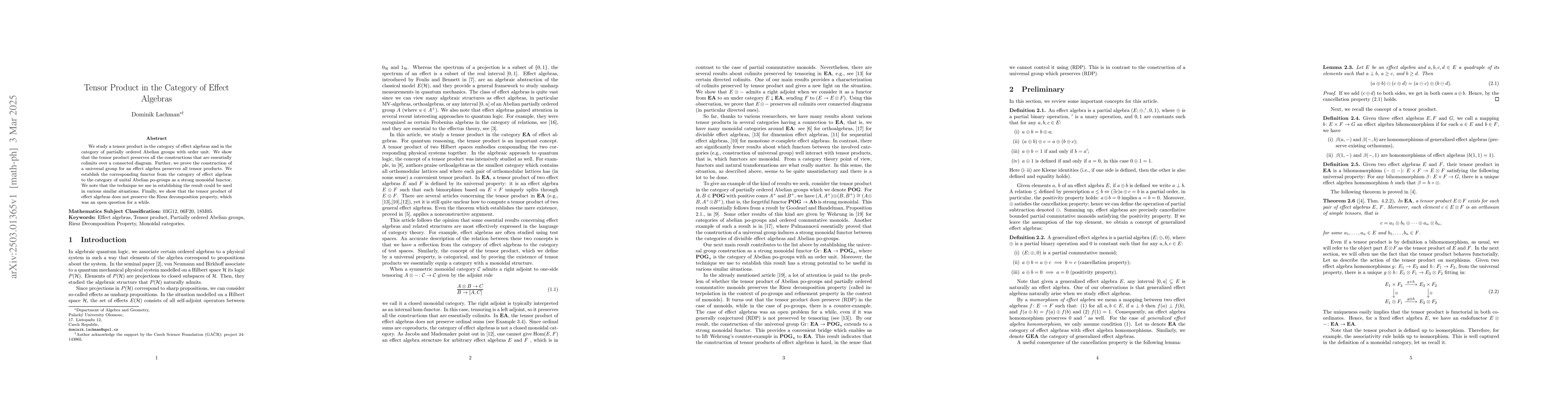 Thumbnail for Tensor Product in the Category of Effect Algebras