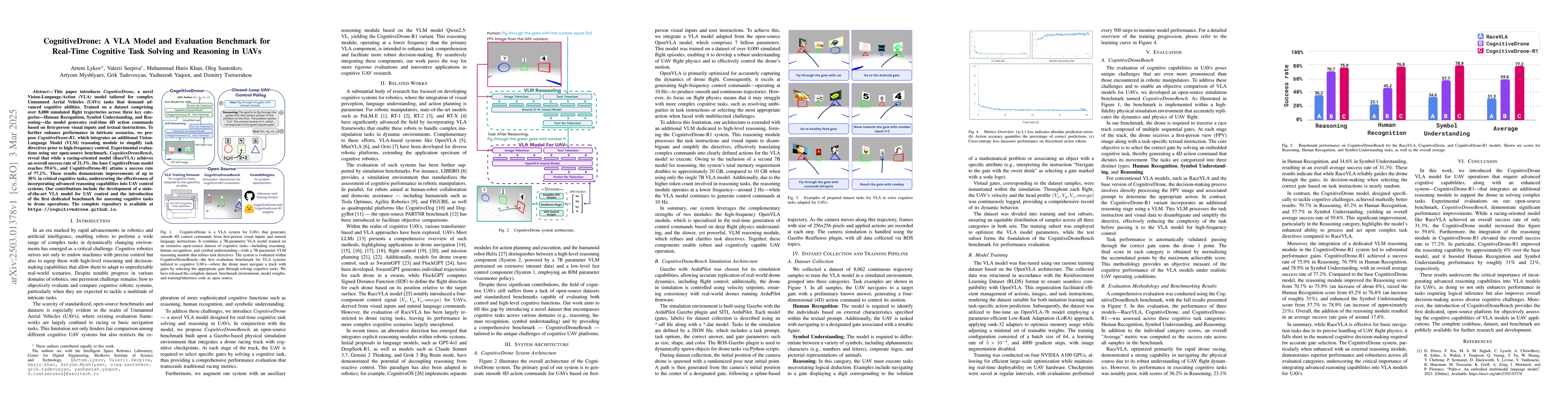 Thumbnail for CognitiveDrone: A VLA Model and Evaluation Benchmark for Real-Time
  Cognitive Task Solving and Reasoning in UAVs