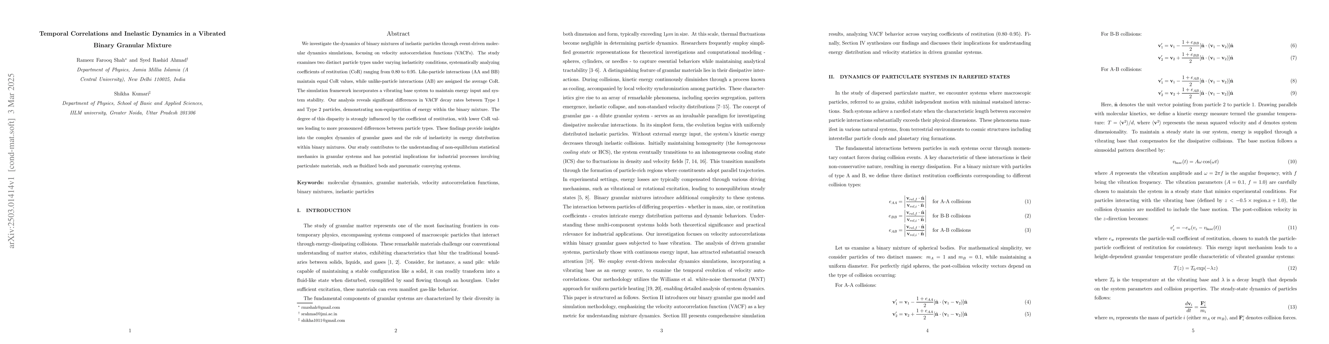 Thumbnail for Temporal Correlations and Inelastic Dynamics in a Vibrated Binary
  Granular Mixture