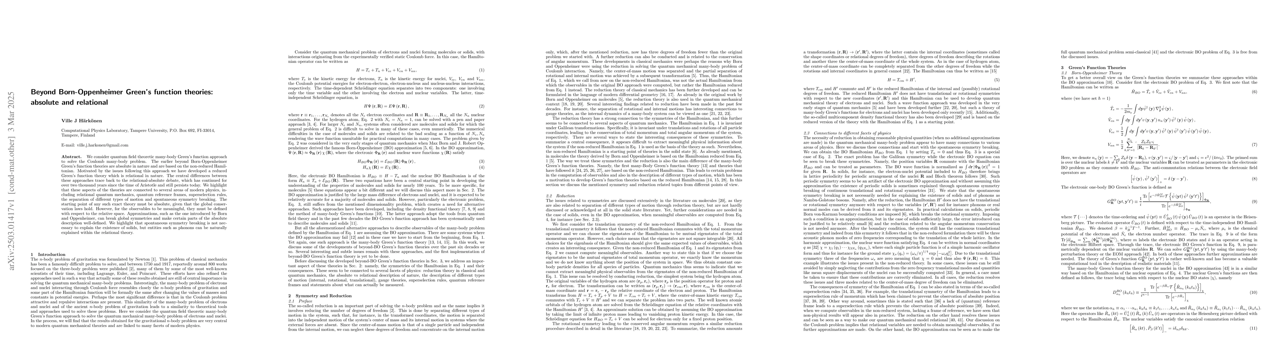 Thumbnail for Beyond Born-Oppenheimer Green's function theories: absolute and
  relational