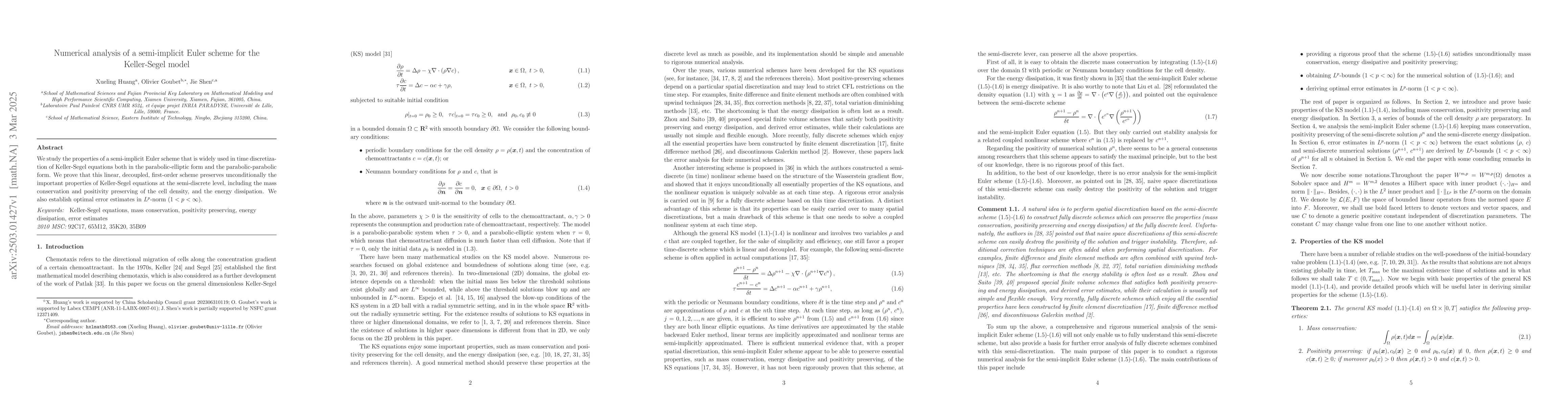 Thumbnail for Numerical analysis of a semi-implicit Euler scheme for the Keller-Segel
  model