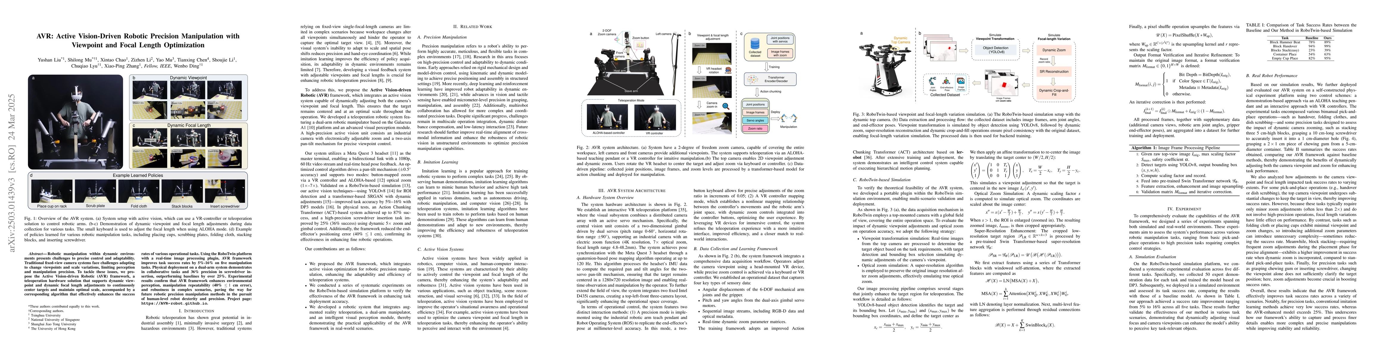 Thumbnail for AVR: Active Vision-Driven Robotic Precision Manipulation with Viewpoint
  and Focal Length Optimization