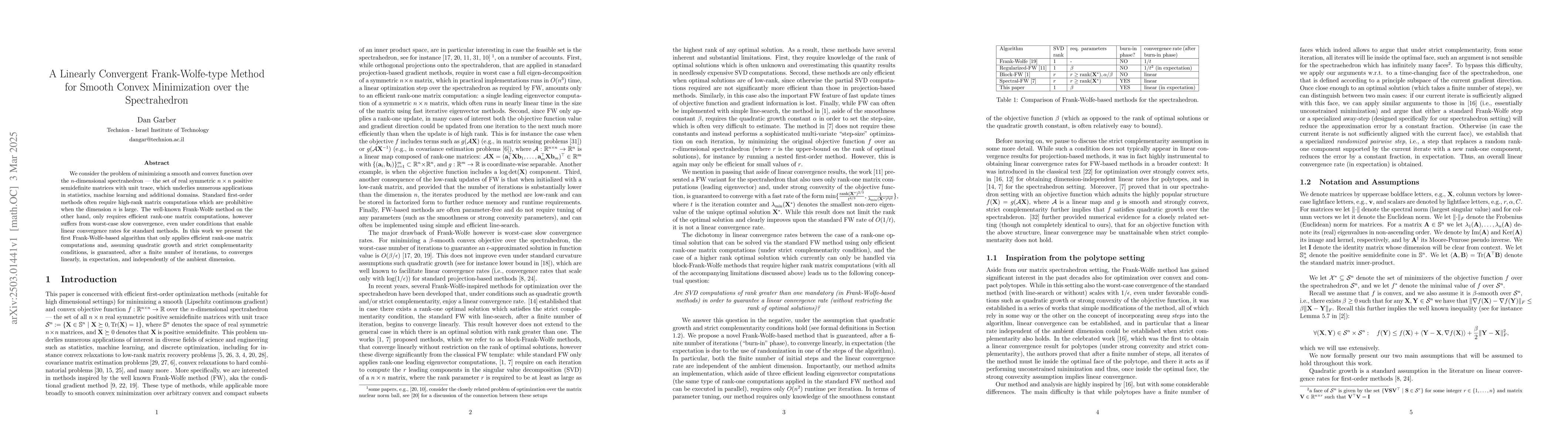Thumbnail for A Linearly Convergent Frank-Wolfe-type Method for Smooth Convex
  Minimization over the Spectrahedron