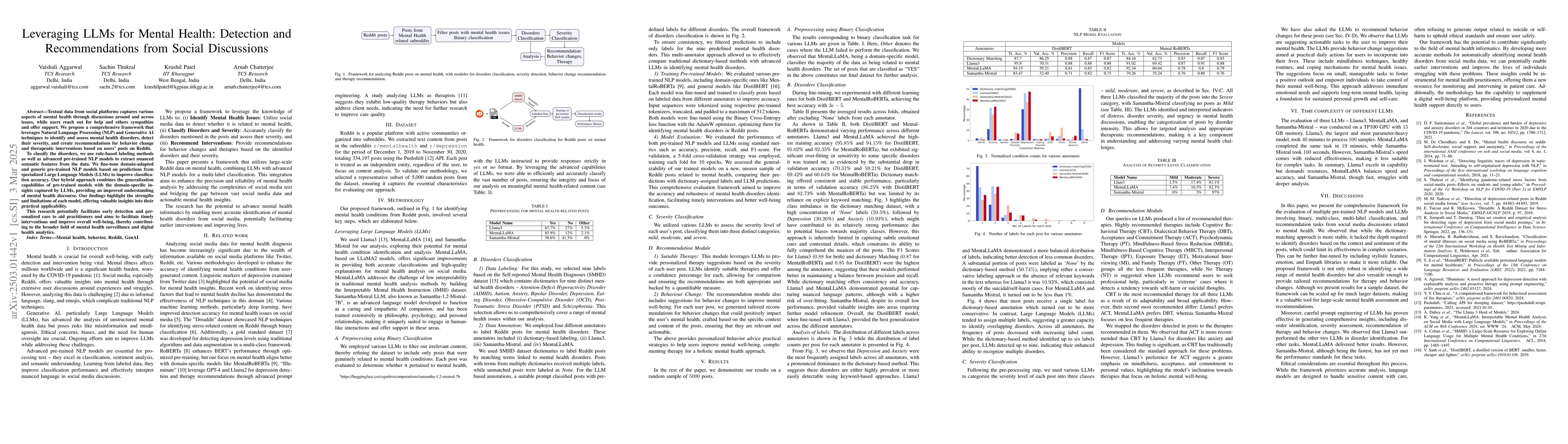 Thumbnail for Leveraging LLMs for Mental Health: Detection and Recommendations from
  Social Discussions