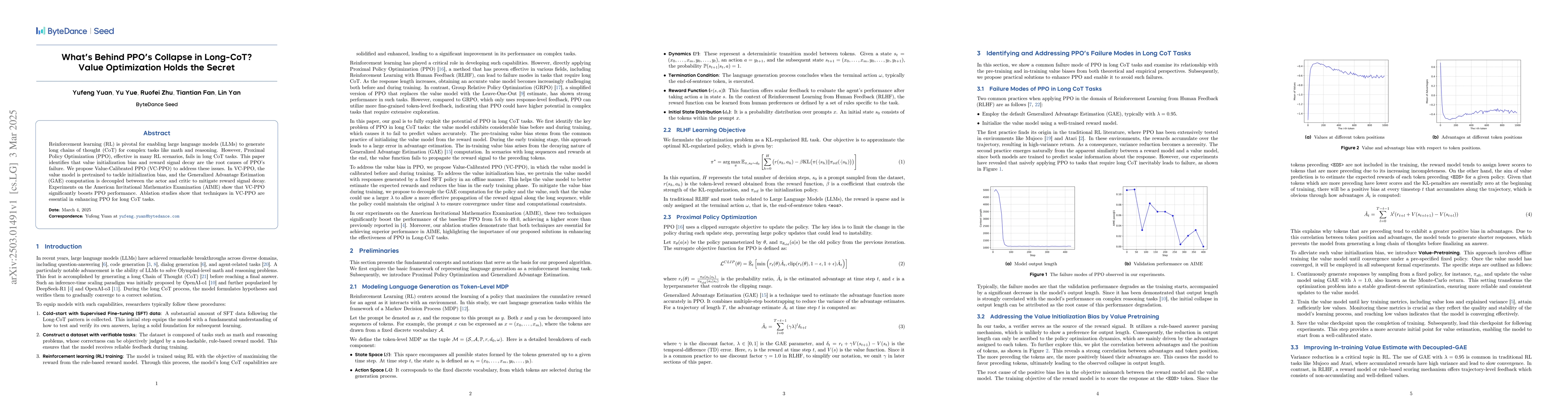 Thumbnail for What's Behind PPO's Collapse in Long-CoT? Value Optimization Holds the
  Secret