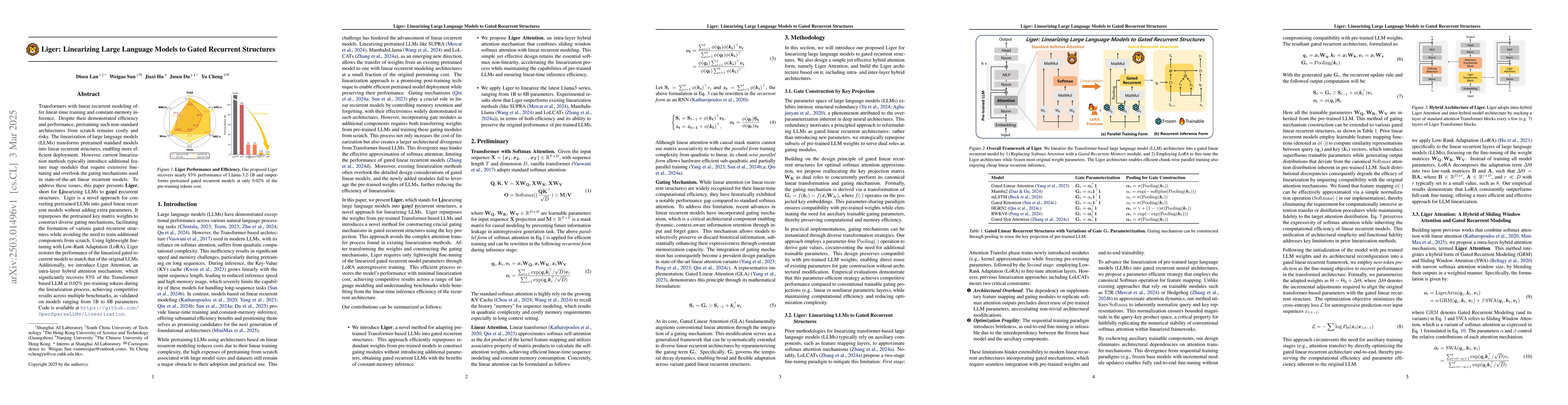 Thumbnail for Liger: Linearizing Large Language Models to Gated Recurrent Structures
