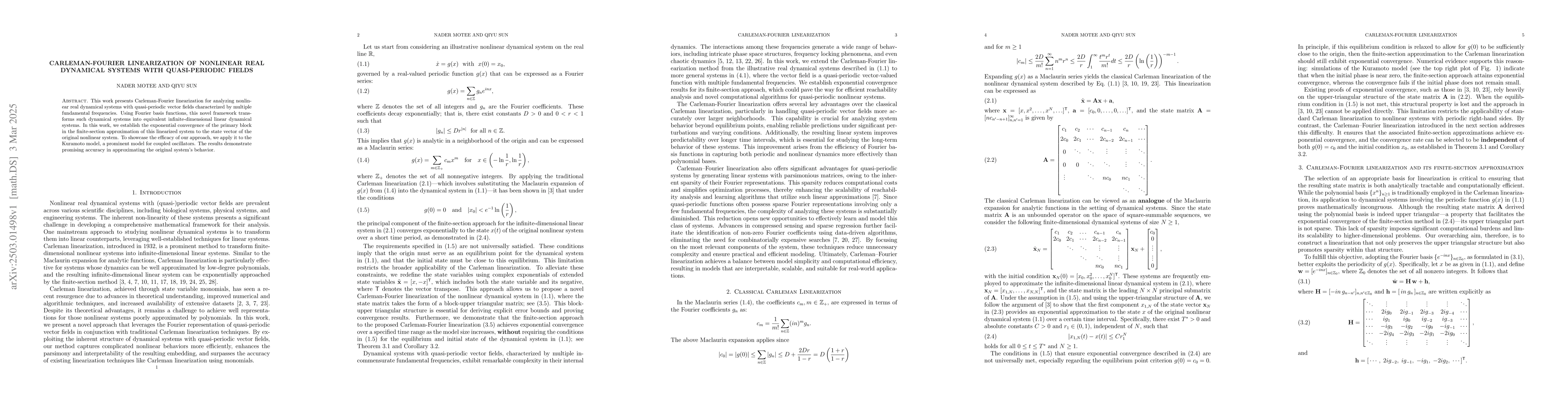 Thumbnail for Carleman-Fourier linearization of nonlinear real dynamical systems with
  quasi-periodic fields