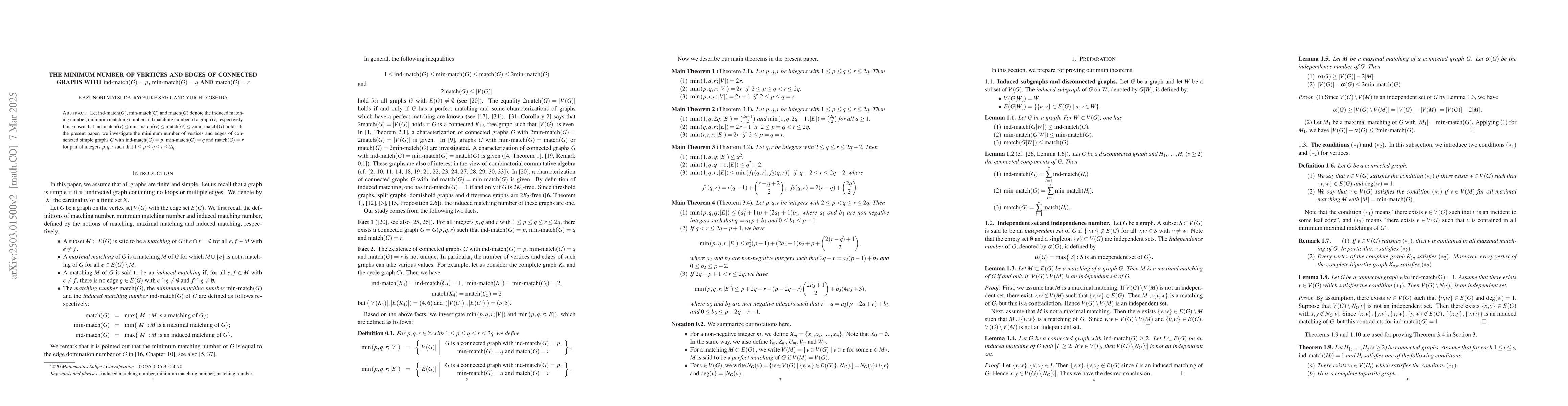 Thumbnail for The minimum number of vertices and edges of connected graphs with
  ind-match$(G) = p$, min-match$(G) = q$ and match$(G) = r$