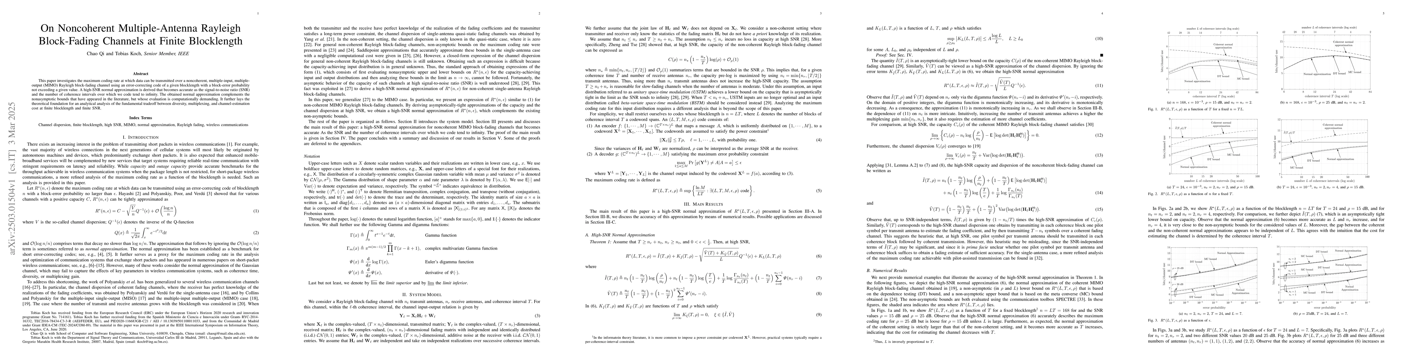 Thumbnail for On Noncoherent Multiple-Antenna Rayleigh Block-Fading Channels at Finite
  Blocklength