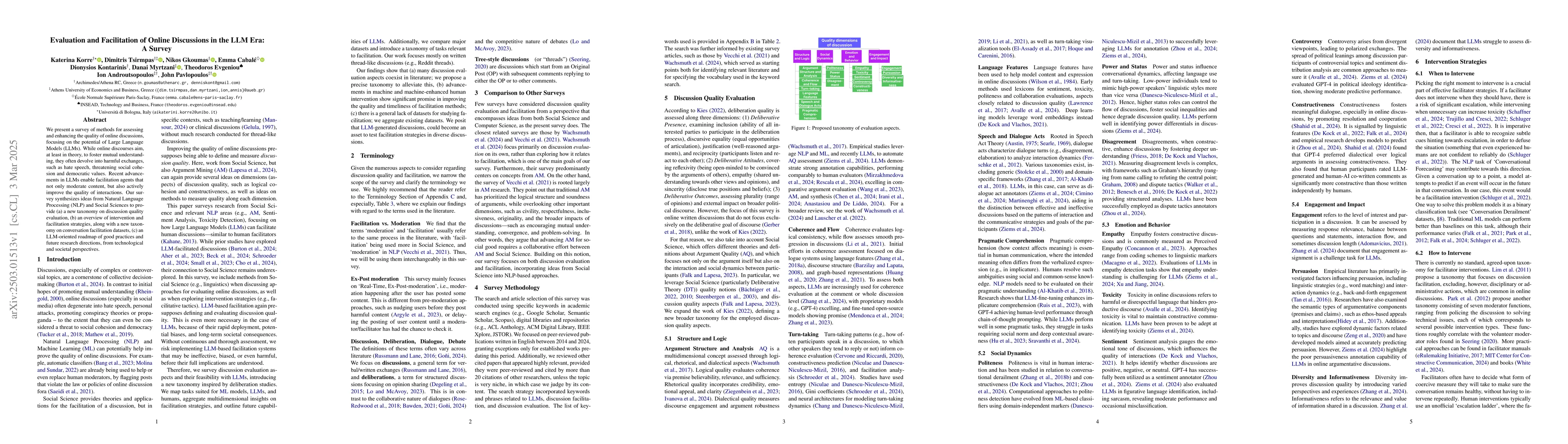 Thumbnail for Evaluation and Facilitation of Online Discussions in the LLM Era: A
  Survey