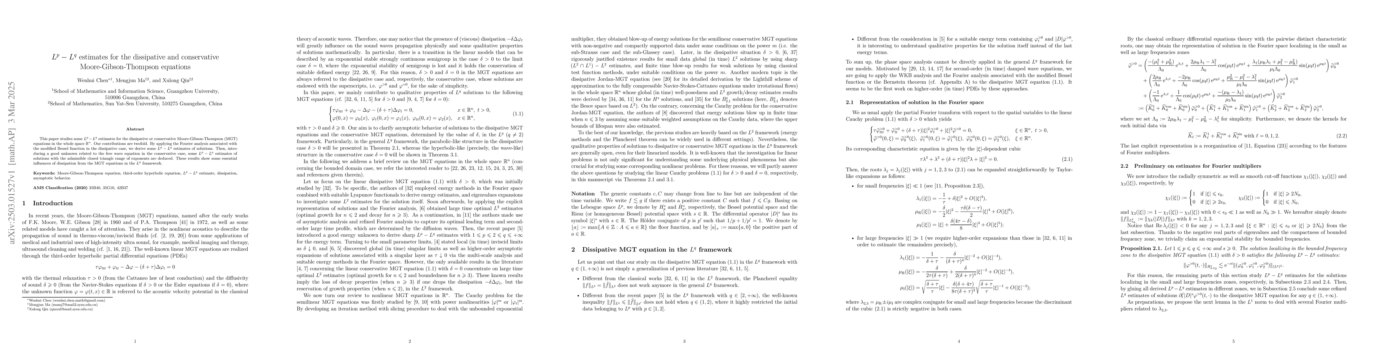 Thumbnail for $L^p-L^q$ estimates for the dissipative and conservative
  Moore-Gibson-Thompson equations