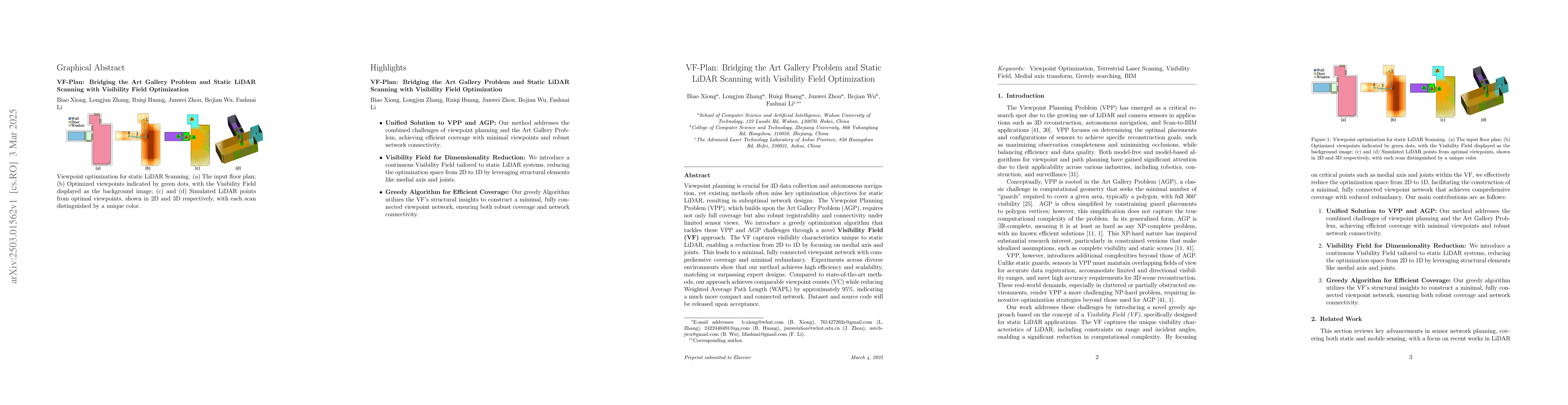 Thumbnail for VF-Plan: Bridging the Art Gallery Problem and Static LiDAR Scanning with
  Visibility Field Optimization