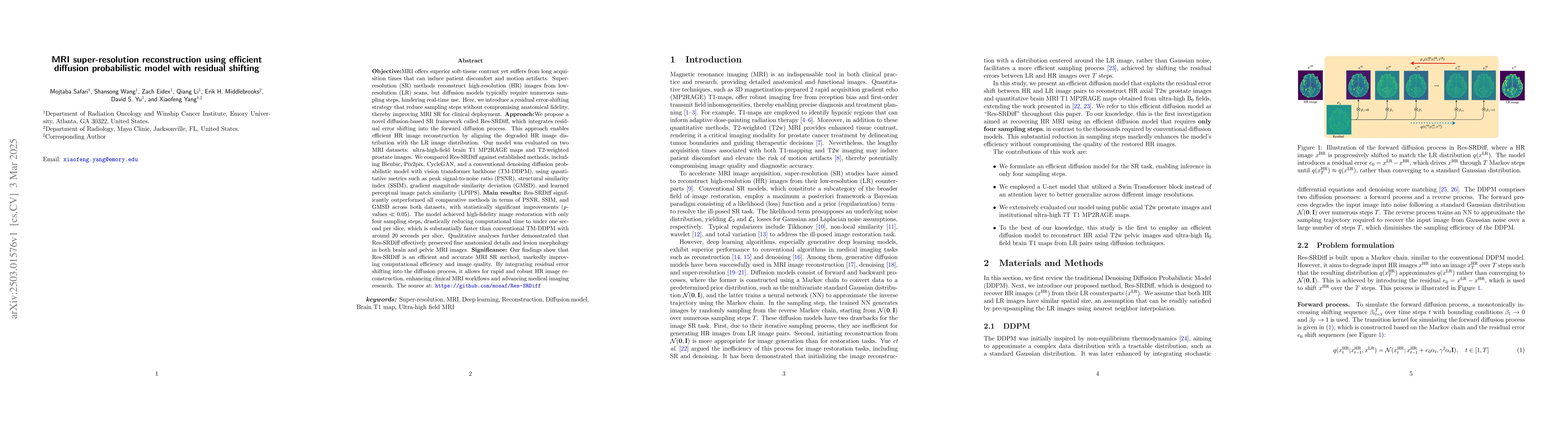 Thumbnail for MRI super-resolution reconstruction using efficient diffusion
  probabilistic model with residual shifting