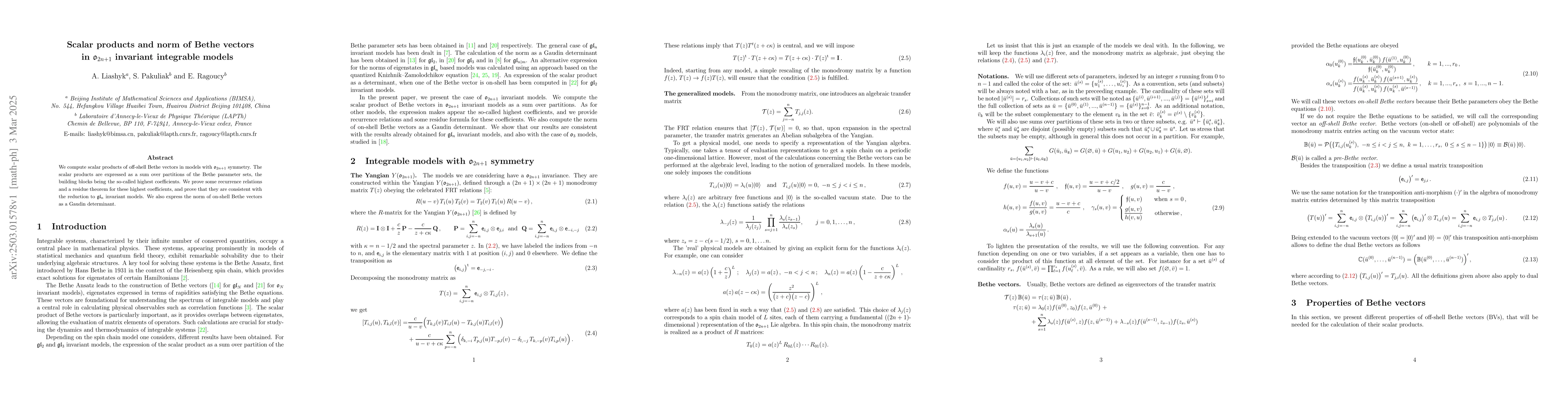 Thumbnail for Scalar products and norm of Bethe vectors in $\mathfrak{o}_{2n+1}$
  invariant integrable models