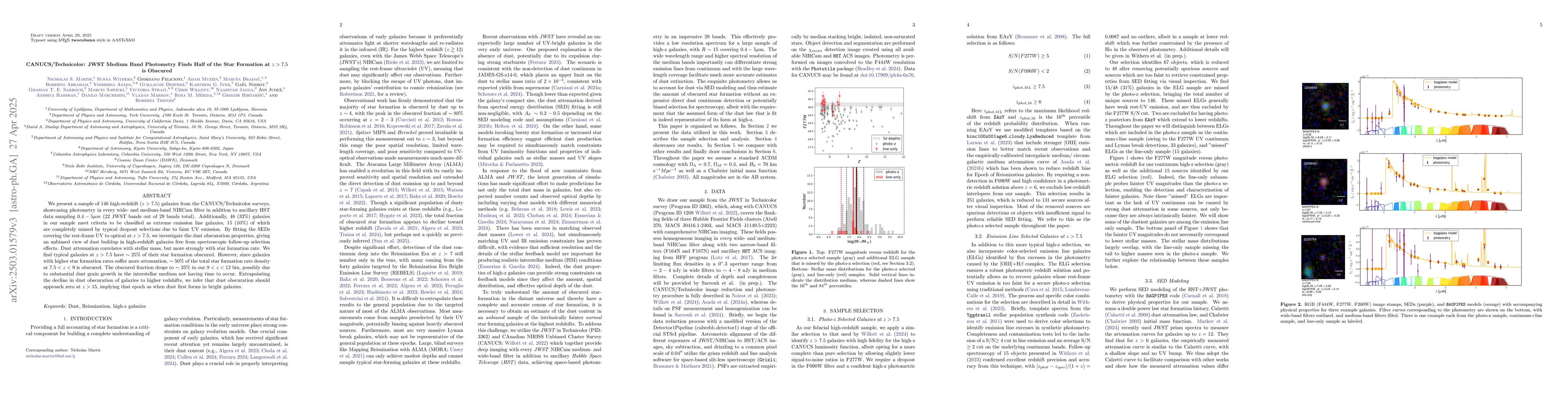 Thumbnail for CANUCS/Technicolor: JWST Medium Band Photometry Finds Half of the Star
  Formation at $z>7.5$ is Obscured