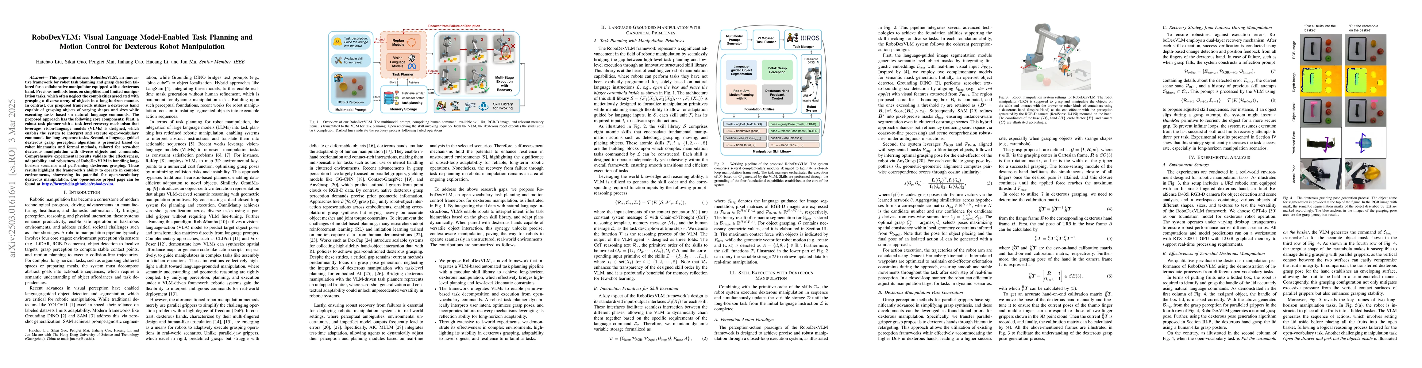 Thumbnail for RoboDexVLM: Visual Language Model-Enabled Task Planning and Motion
  Control for Dexterous Robot Manipulation