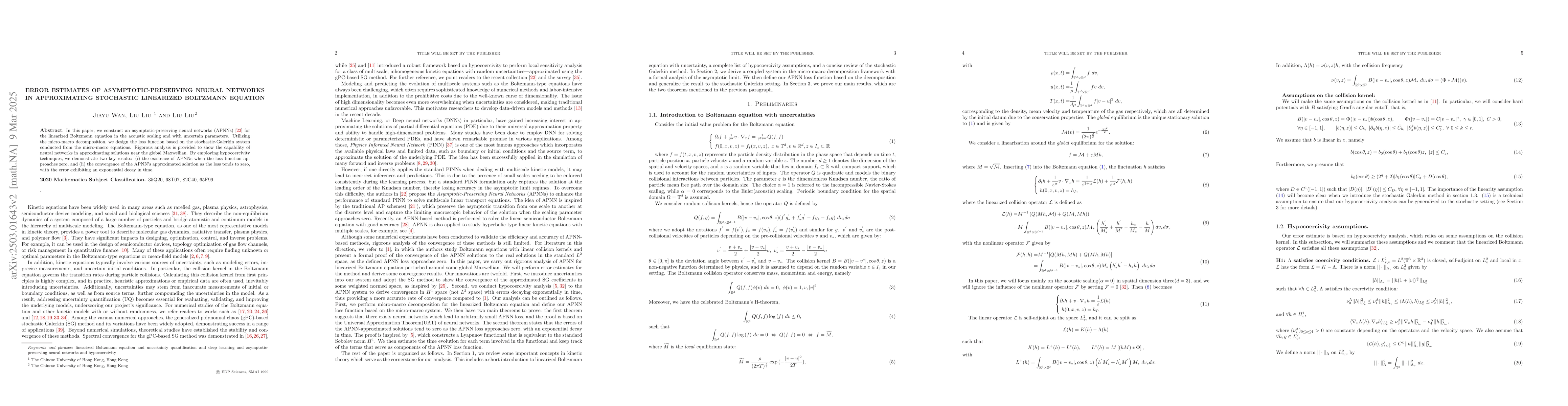 Thumbnail for Error estimates of asymptotic-preserving neural networks in
  approximating stochastic linearized Boltzmann equation