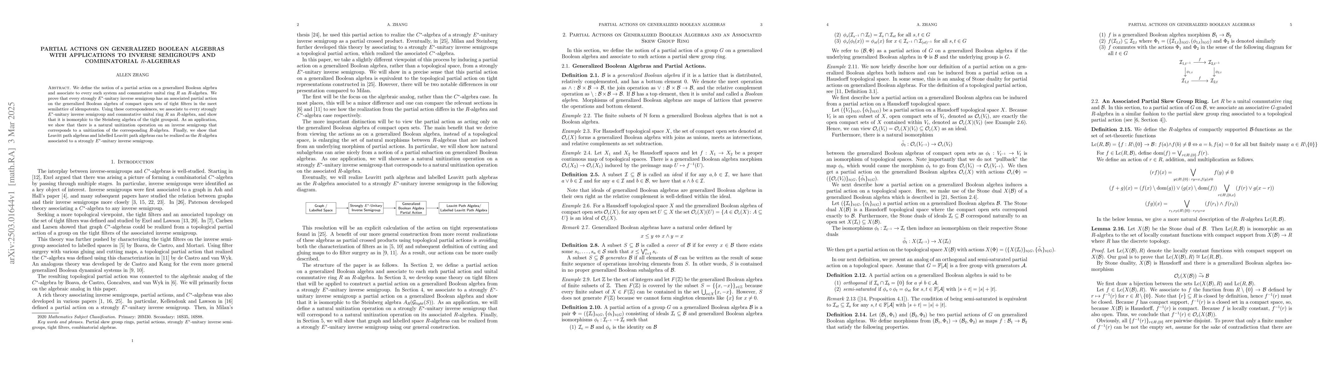 Thumbnail for Partial Actions on Generalized Boolean Algebras with Applications to
  Inverse Semigroups and Combinatorial $R$-Algebras