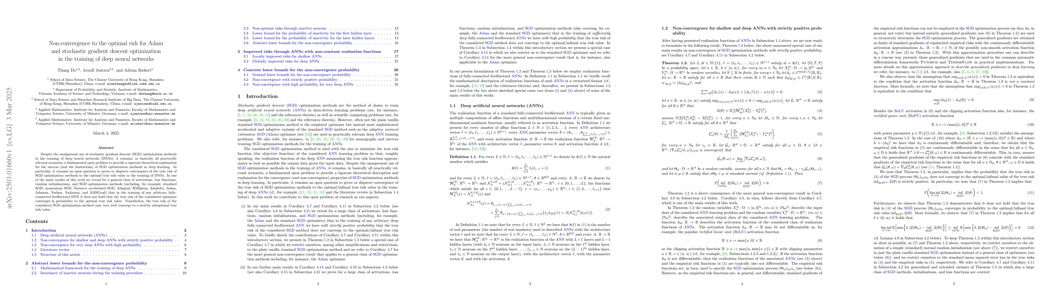 Thumbnail for Non-convergence to the optimal risk for Adam and stochastic gradient
  descent optimization in the training of deep neural networks