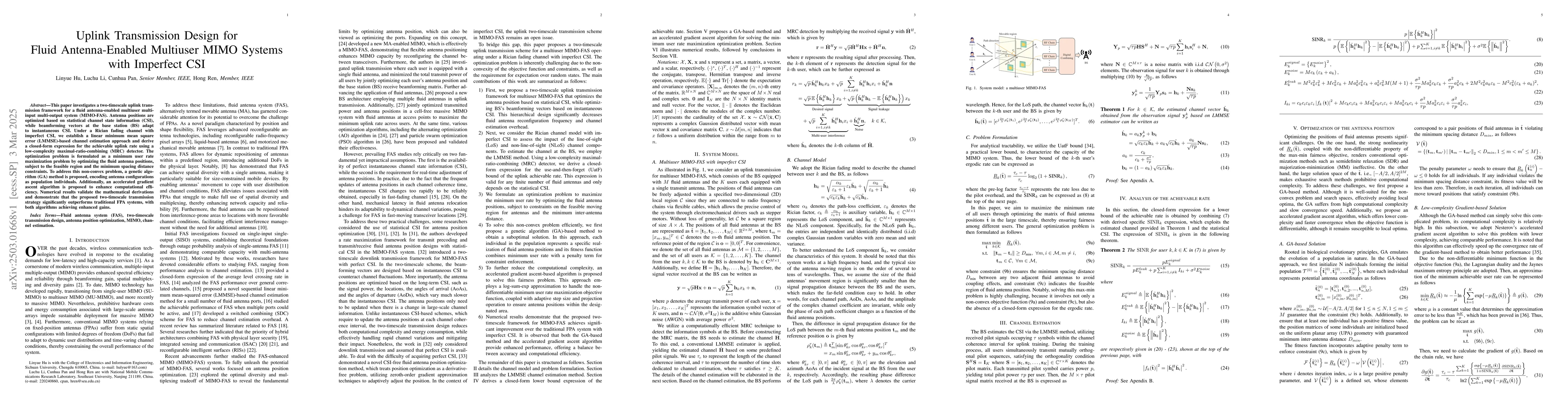 Thumbnail for Uplink Transmission Design for Fluid Antenna-Enabled Multiuser MIMO
  Systems with Imperfect CSI