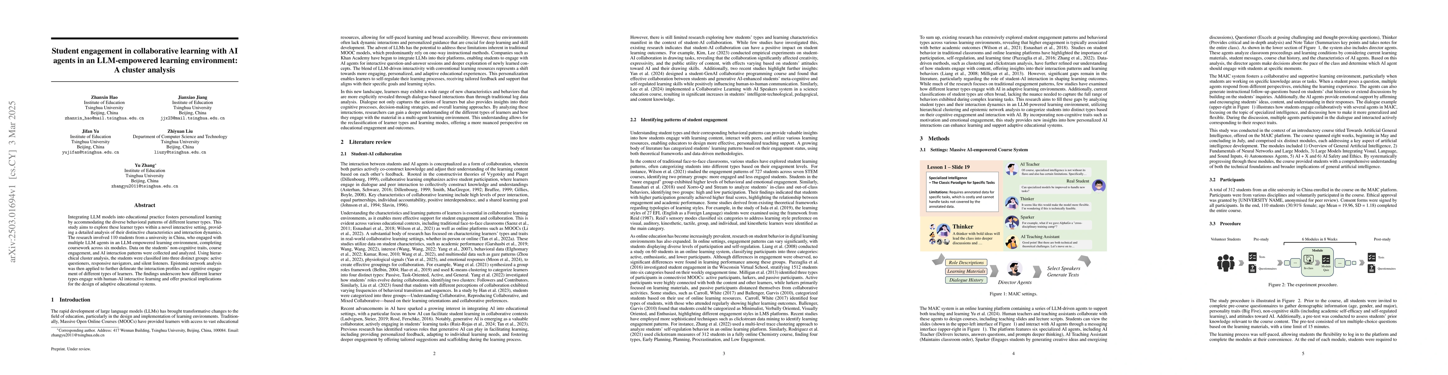 Thumbnail for Student engagement in collaborative learning with AI agents in an
  LLM-empowered learning environment: A cluster analysis