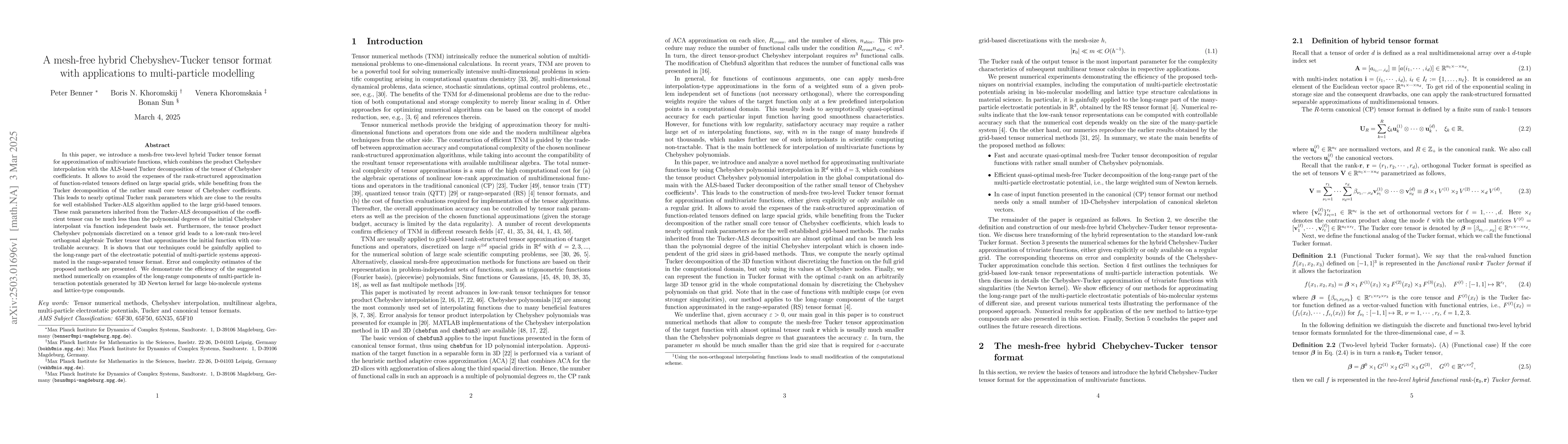 Thumbnail for A mesh-free hybrid Chebyshev-Tucker tensor format with applications to
  multi-particle modelling