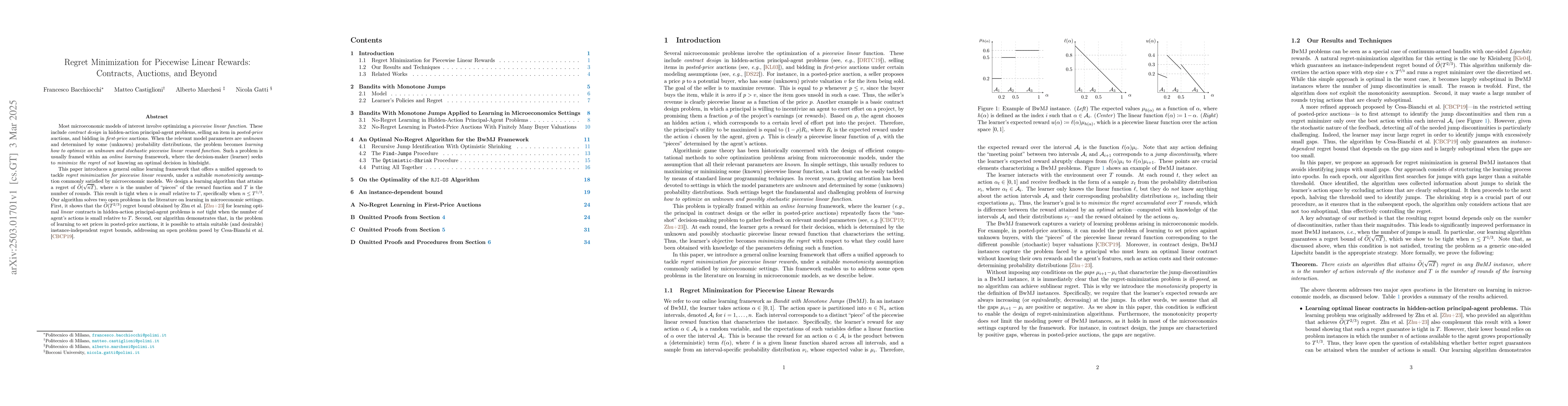 Thumbnail for Regret Minimization for Piecewise Linear Rewards: Contracts, Auctions,
  and Beyond