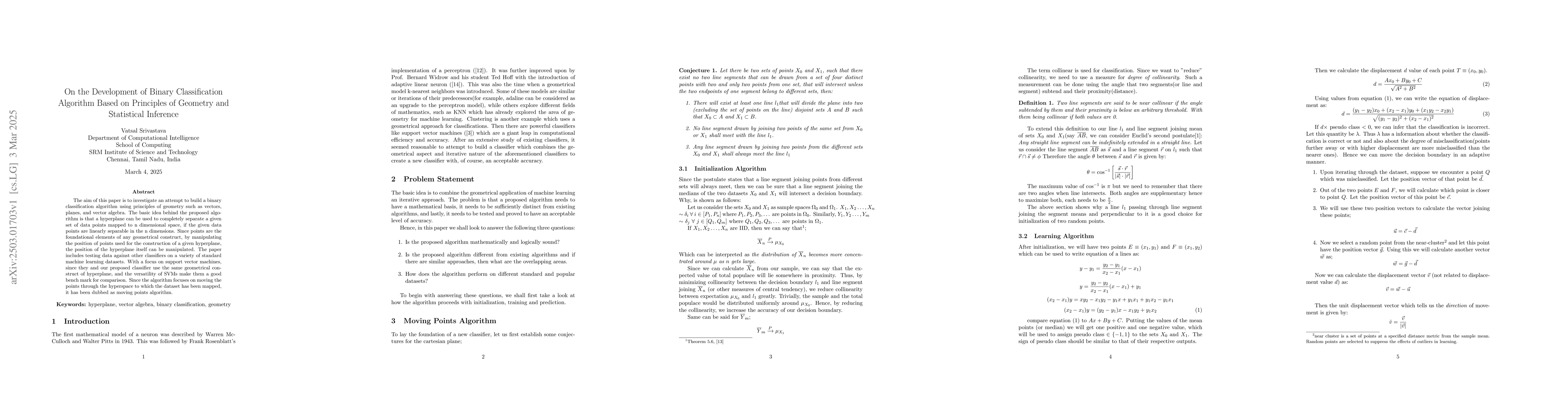 Thumbnail for On the Development of Binary Classification Algorithm Based on
  Principles of Geometry and Statistical Inference