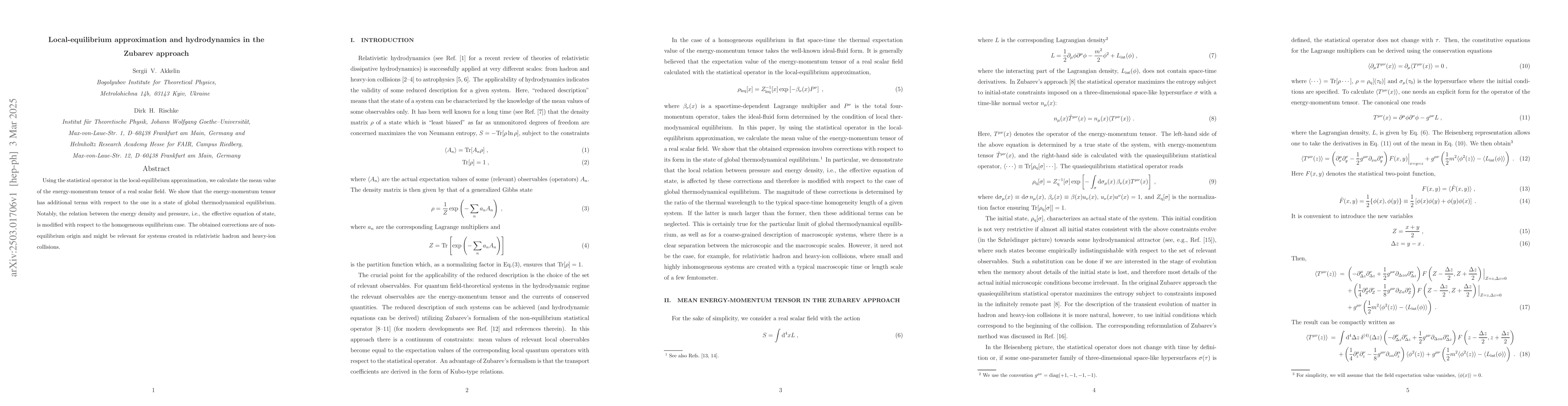 Thumbnail for Local-equilibrium approximation and hydrodynamics in the Zubarev
  approach