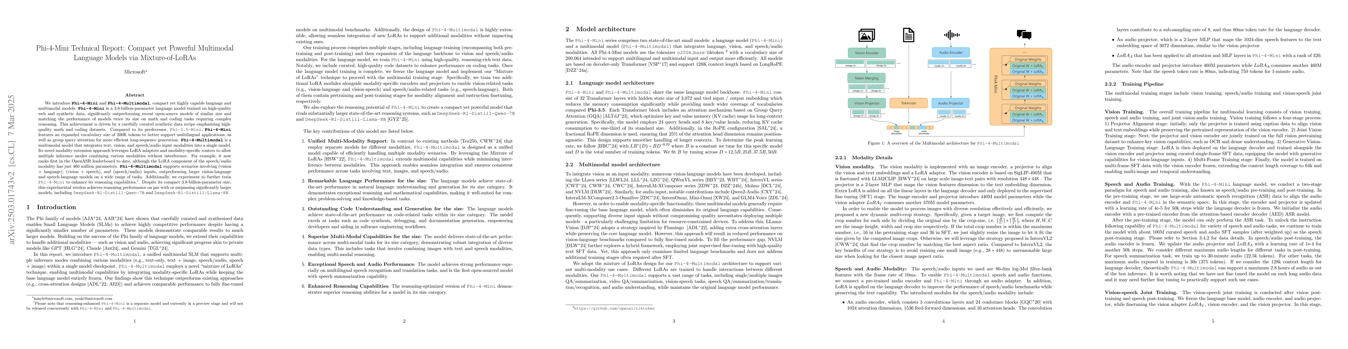 Thumbnail for Phi-4-Mini Technical Report: Compact yet Powerful Multimodal Language
  Models via Mixture-of-LoRAs