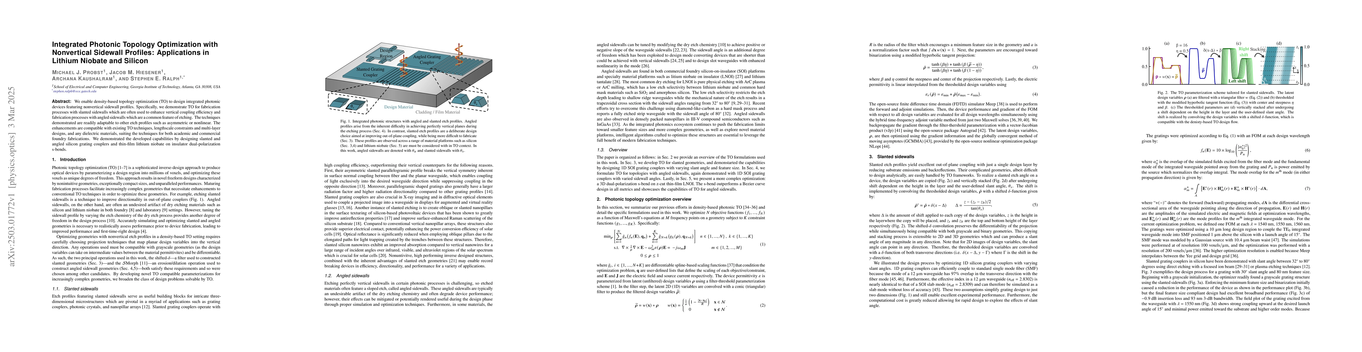 Thumbnail for Integrated Photonic Topology Optimization with Nonvertical Sidewall
  Profiles: Applications in Lithium Niobate and Silicon