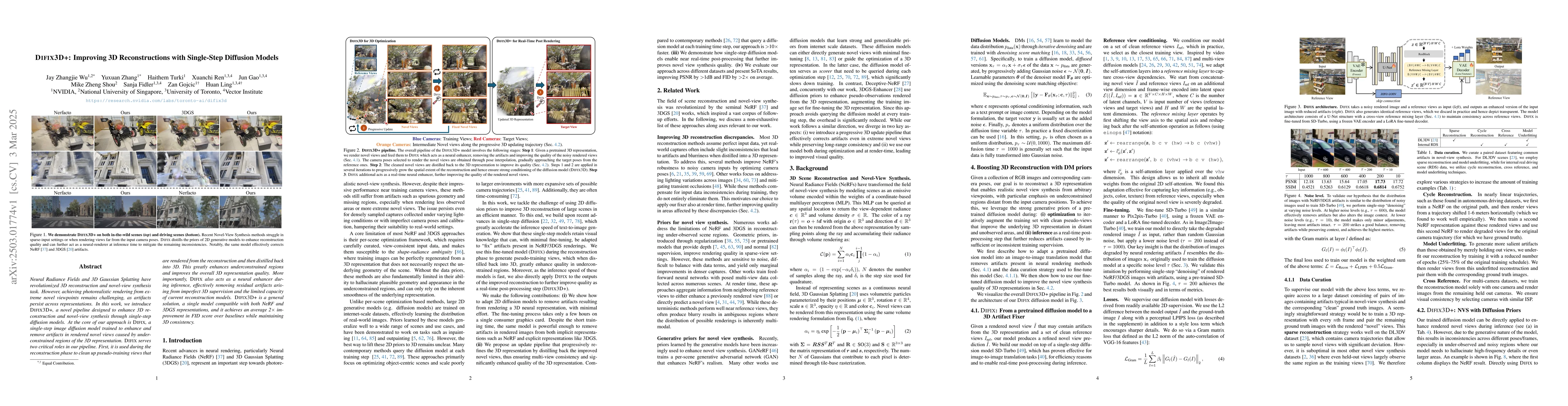 Thumbnail for Difix3D+: Improving 3D Reconstructions with Single-Step Diffusion Models