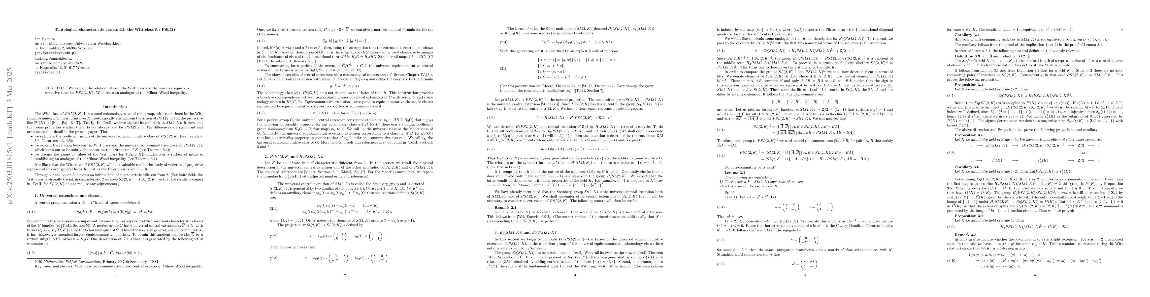 Thumbnail for Tautological characteristic classes III: the Witt class for PSL(2)
