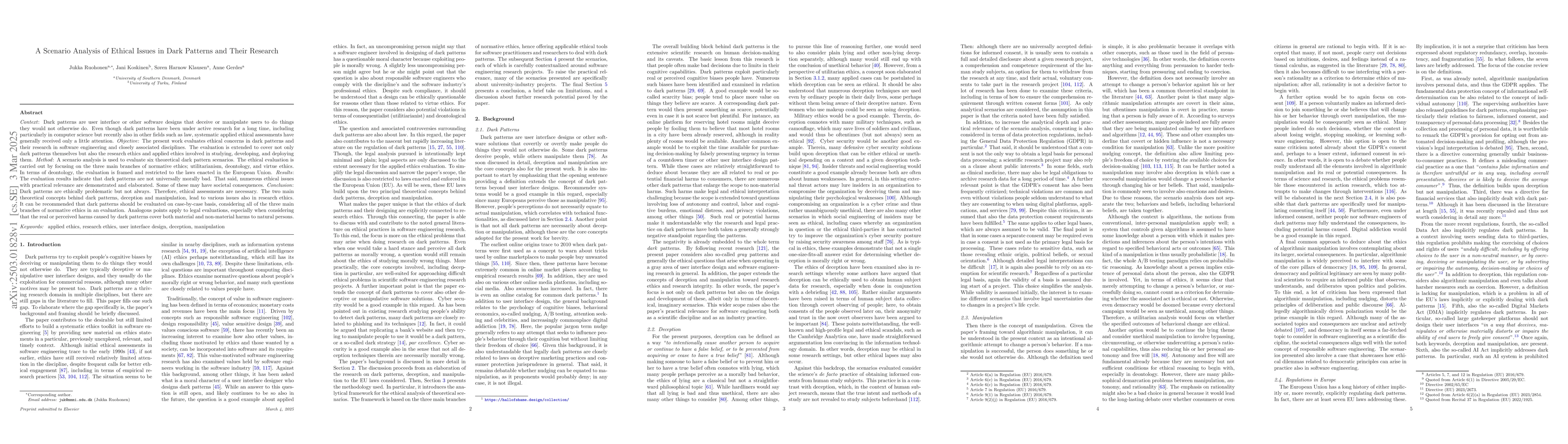 Thumbnail for A Scenario Analysis of Ethical Issues in Dark Patterns and Their
  Research