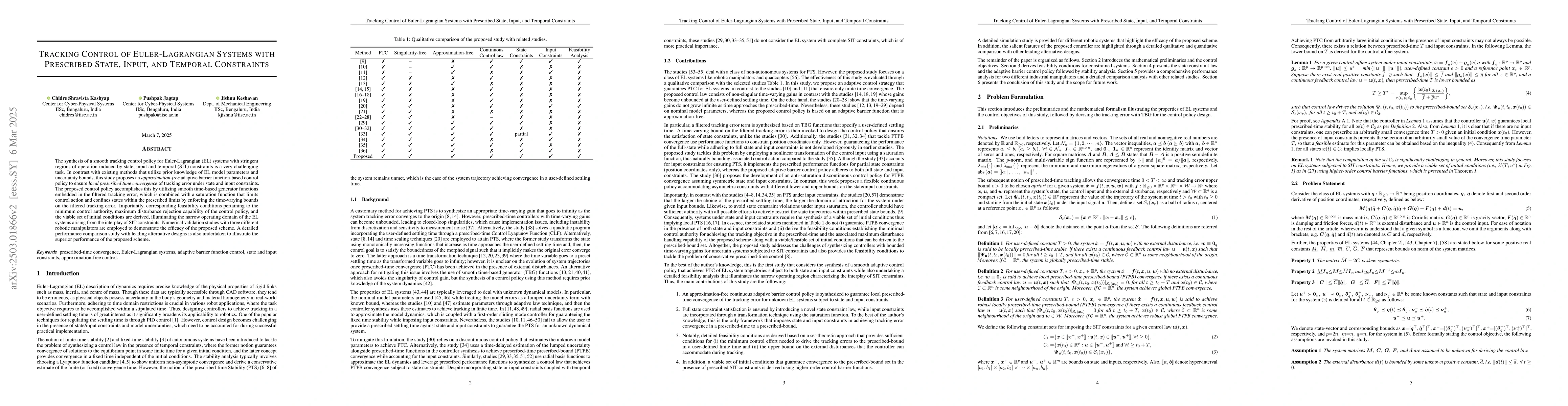 Thumbnail for Tracking Control of Euler-Lagrangian Systems with Prescribed State,
  Input, and Temporal Constraints