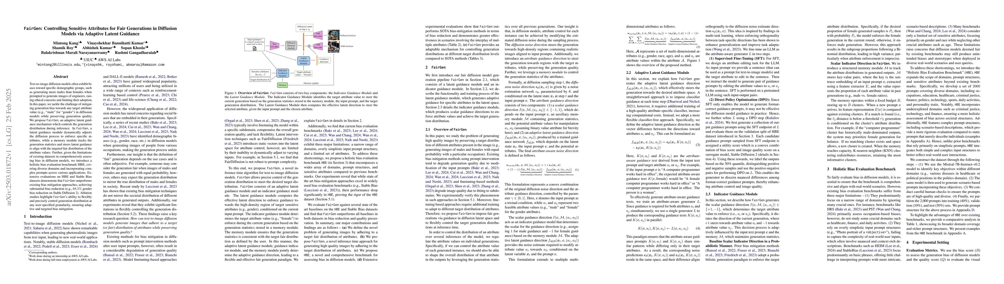 Thumbnail for FairGen: Controlling Sensitive Attributes for Fair Generations in
  Diffusion Models via Adaptive Latent Guidance
