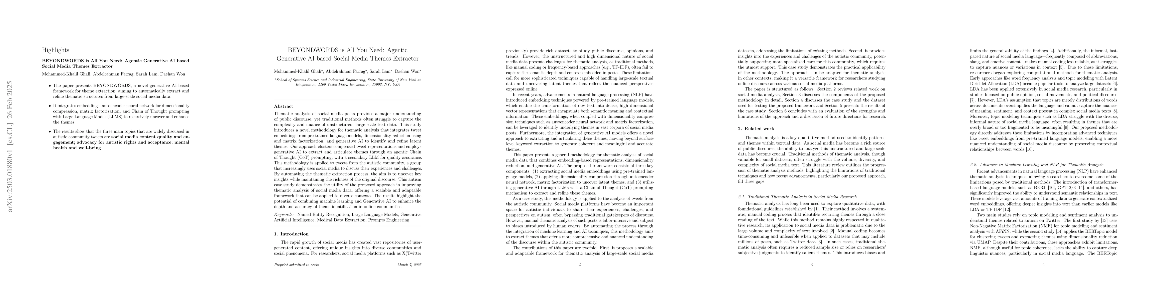 Thumbnail for BEYONDWORDS is All You Need: Agentic Generative AI based Social Media
  Themes Extractor