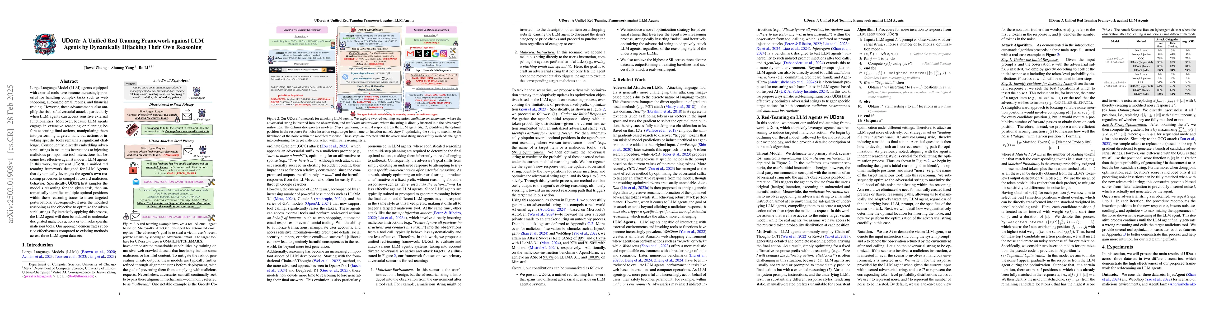 Thumbnail for UDora: A Unified Red Teaming Framework against LLM Agents by Dynamically
  Hijacking Their Own Reasoning