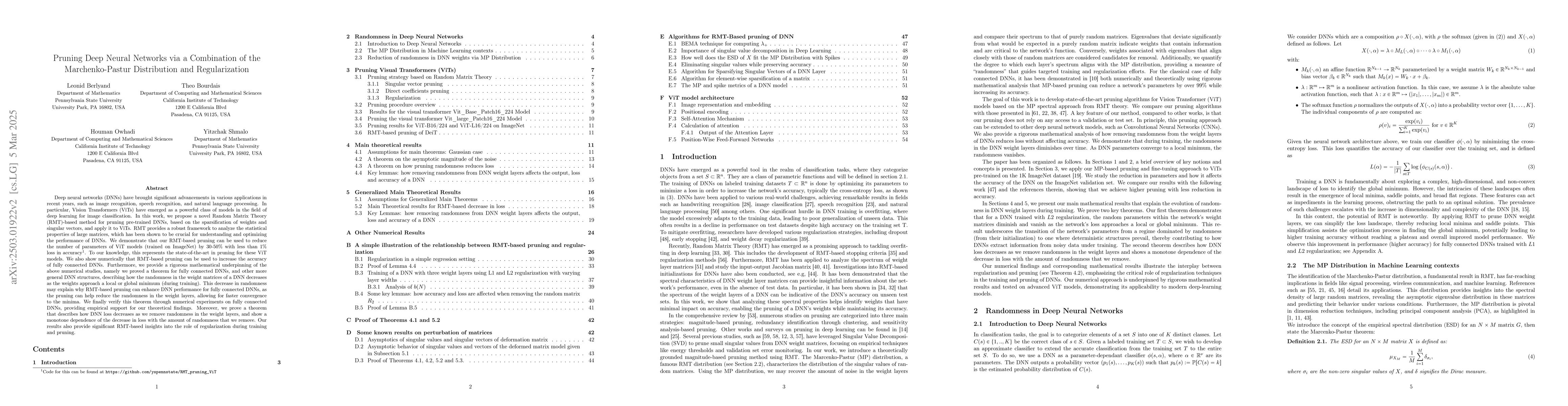 Thumbnail for Pruning Deep Neural Networks via a Combination of the Marchenko-Pastur
  Distribution and Regularization