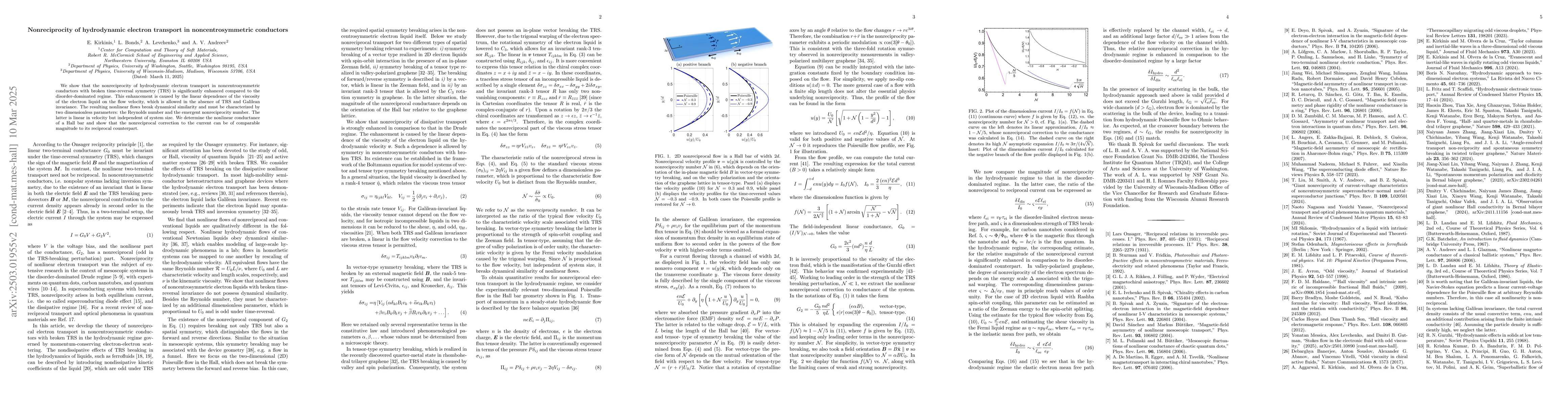 Thumbnail for Nonreciprocity of hydrodynamic electron transport in noncentrosymmetric
  conductors
