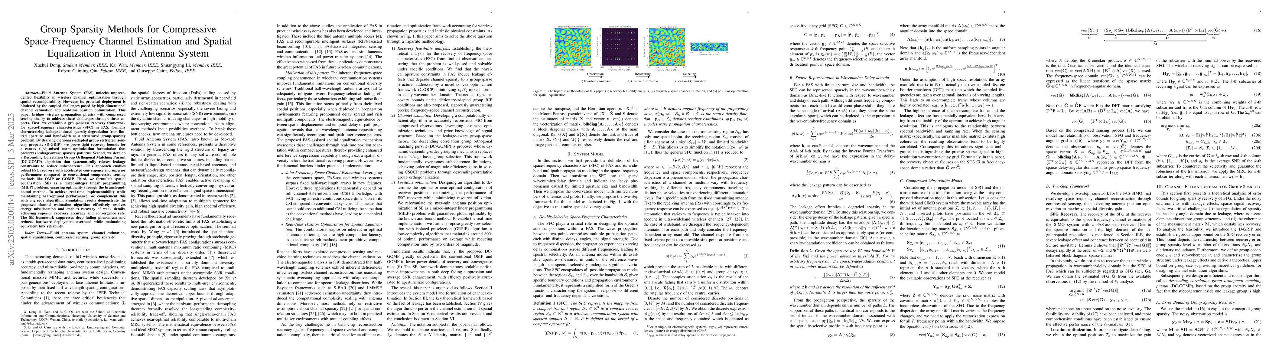 Thumbnail for Group Sparsity Methods for Compressive Space-Frequency Channel
  Estimation and Spatial Equalization in Fluid Antenna System