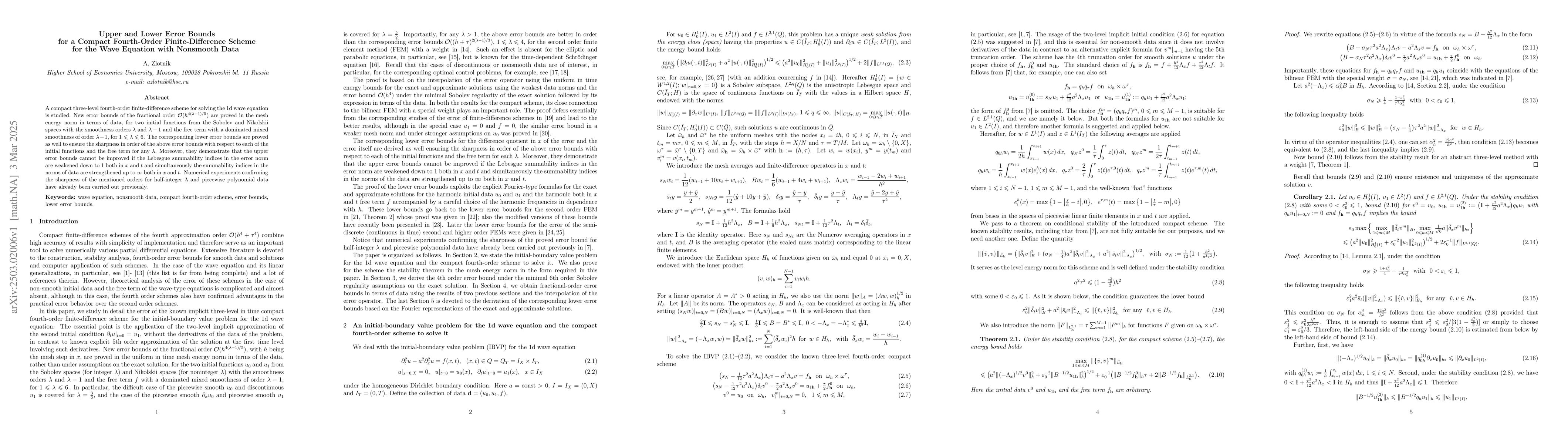 Thumbnail for Upper and Lower Error Bounds for a Compact Fourth-Order
  Finite-Difference Scheme for the Wave Equation with Nonsmooth Data