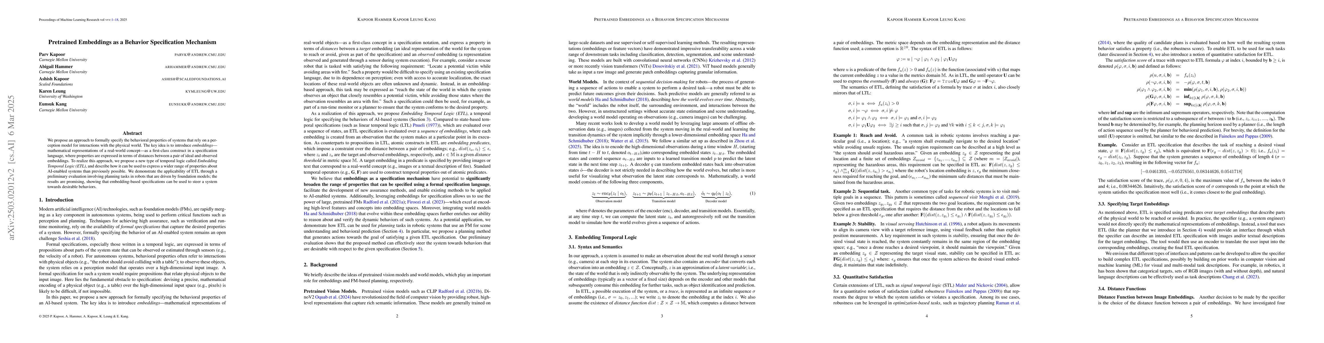 Thumbnail for Pretrained Embeddings as a Behavior Specification Mechanism