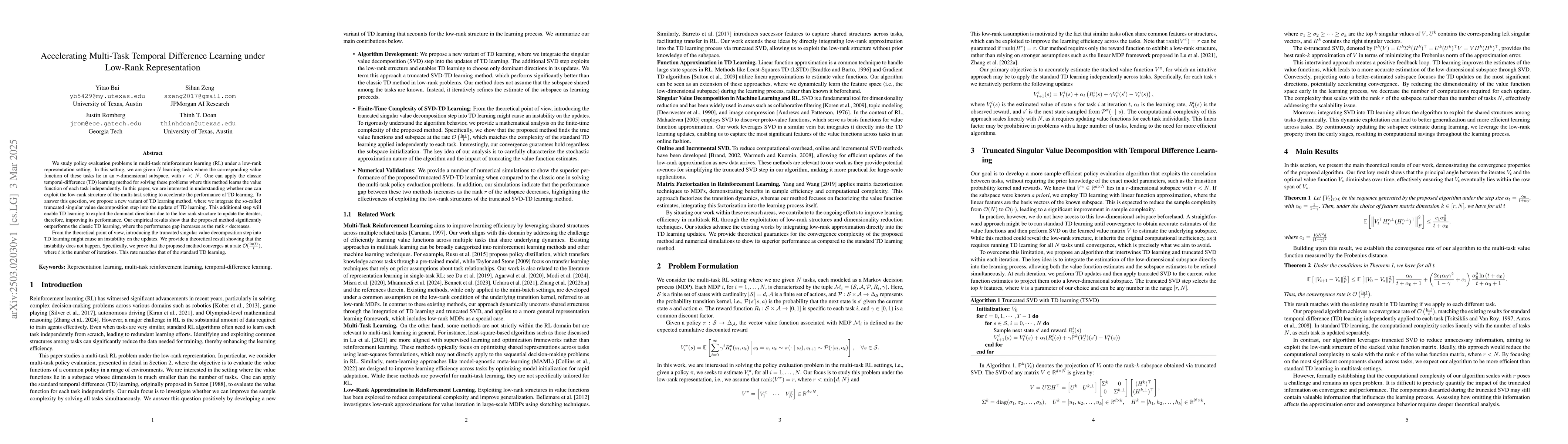 Thumbnail for Accelerating Multi-Task Temporal Difference Learning under Low-Rank
  Representation