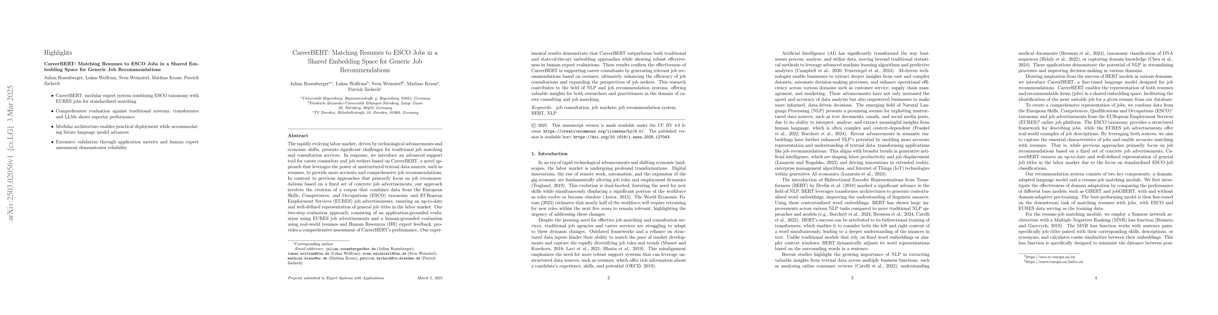 Thumbnail for CareerBERT: Matching Resumes to ESCO Jobs in a Shared Embedding Space
  for Generic Job Recommendations