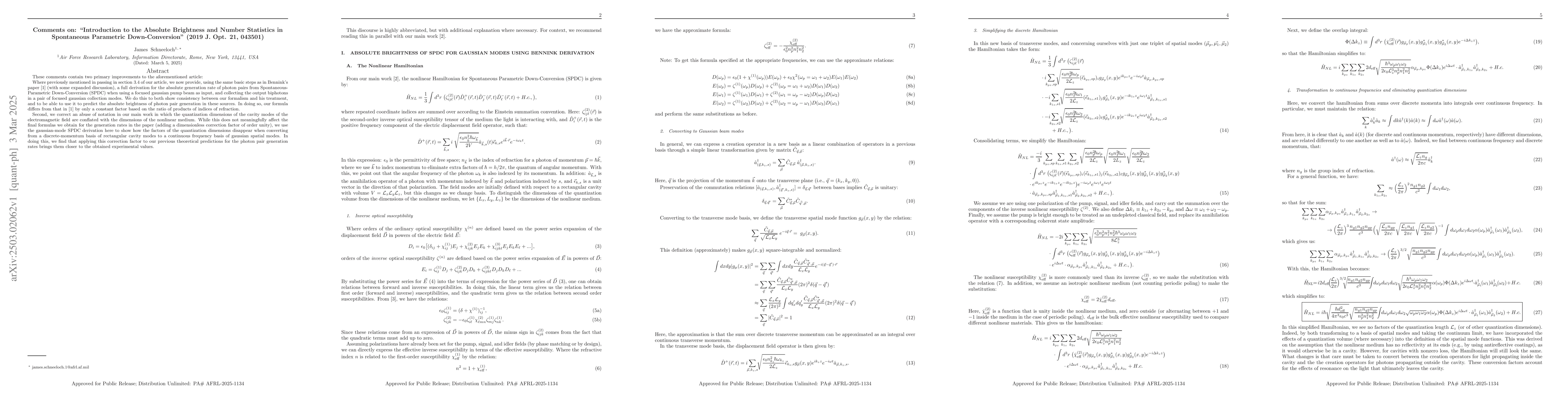 Thumbnail for Comments on: "Introduction to the Absolute Brightness and Number
  Statistics in Spontaneous Parametric Down-Conversion" (2019 J. Opt. 21,
  043501)